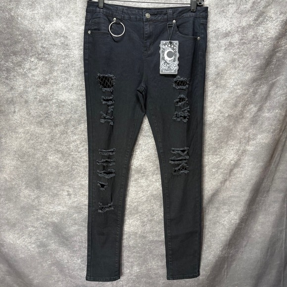 KILLSTAR Black Ripped Skinny Jeans Womens XL Punk Goth Rave Biker Moto - Picture 1 of 16